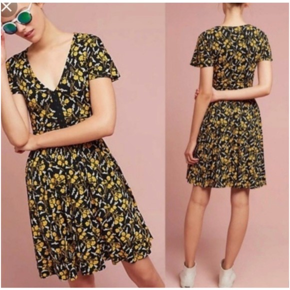 Anthropologie Dresses & Skirts - MAEVE Black Yellow Floral Corset Short Sleeve Mini Dress